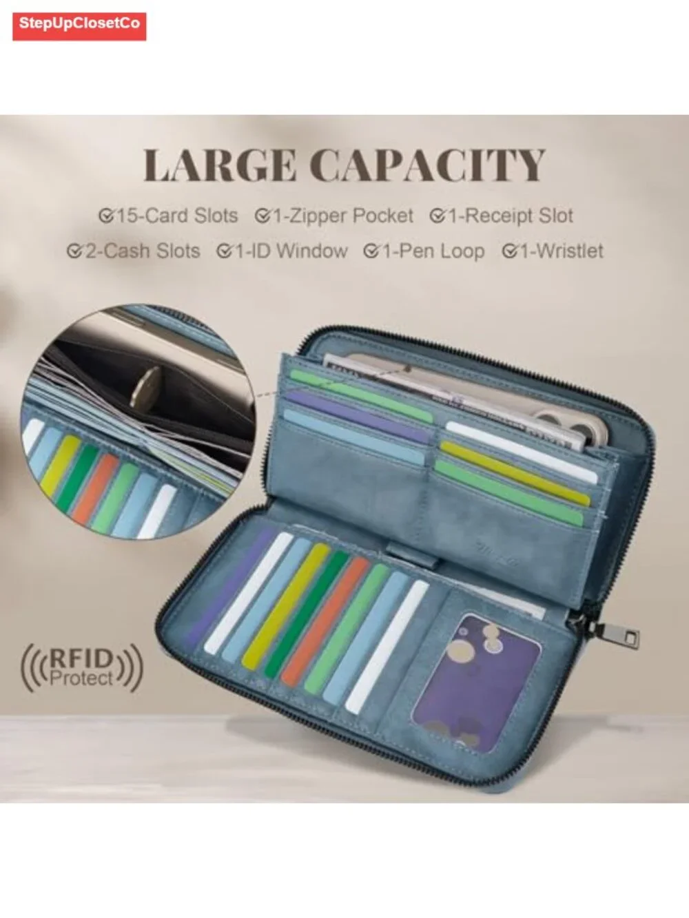 Vegan Faux Leather RFID Wristlet Wallet - Large Capacity Floral Embossed Clutch